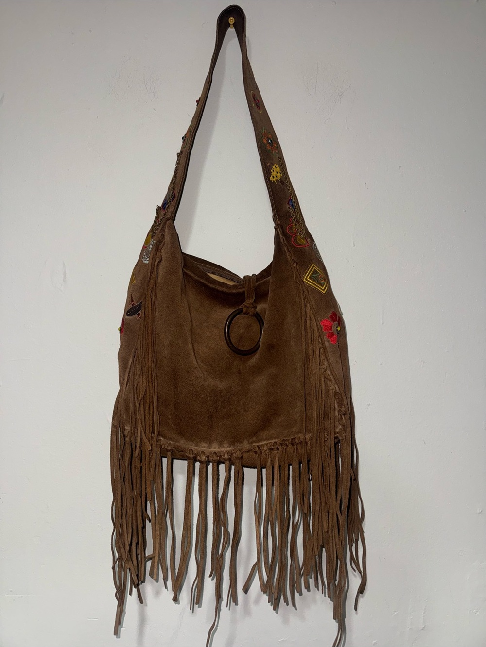 Vintage Francesco Biasia Brown Suede Fringe Shoulder Bag with Embroidered Strap
